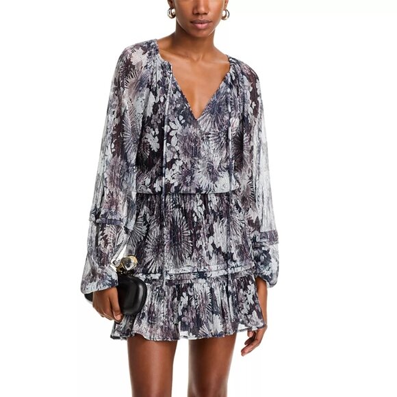 395$ Ramy Brook Twilight Aaliyah Metallic Tiered Mini Dress Size S Dove Gray - Picture 1 of 4